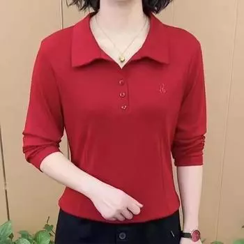 Весенне-осенняя модная футболка в западном стиле для женщин, простые однотонные лацканы, длинные рукава с вышивкой для похудения, воротник-поло M серый