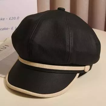 Весенне-осенняя модная кожаная восьмиугольная шляпа с язычком утки, женская шляпа в стиле ретро, маленькая шляпа художника-газетчика, большая голова, берет M (56-58cm) adjustable чёрный