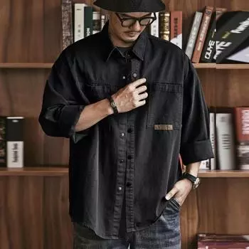 Весенне-осенняя модная мужская рубашка-поло с воротником-стойкой, свободная, повседневная, модная брендовая, с длинным рукавом, мужская рабочая рубашка большого размера XXL чёрный