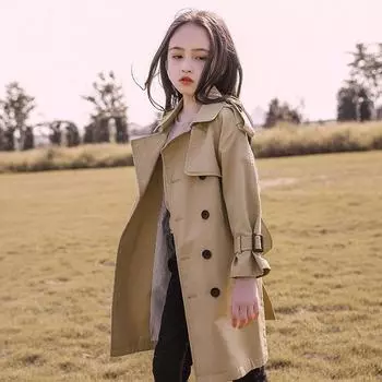 Весенне-осенняя модная однотонная ветровка средней длины для девочек 160 хаки