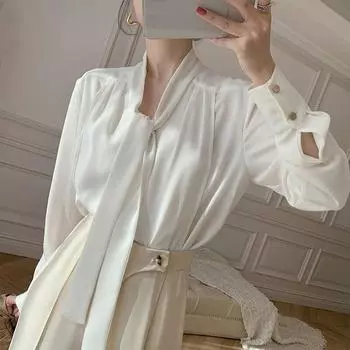 Весенне-осенняя модная офисная женская белая рубашка, модная элегантная женская простая блузка с бантом, свободные повседневные рубашки с длинными рукавами 13513 S синий