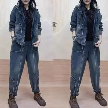 Весенне-осенняя модная повседневная джинсовая куртка, весенне-осенний комплект из двух частей, тонкие шаровары в западном стиле, свободный костюм XXXL синий