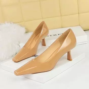 Весенне-осенняя модная простая женская обувь из лаковой кожи, универсальные туфли на высоком каблуке с открытым носком и квадратной головкой, одинарные туфли 34 телесный