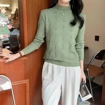 Весенне-осенняя модная свободная повседневная блузка женская жаккардовая рубашка с полувысоким воротником для женщин элегантные винтажные облегающие женские топы 24747 One Size белый