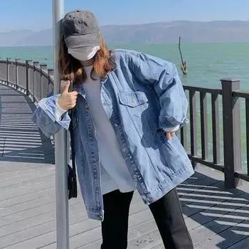 Весенне-осенняя модная свободная женская джинсовая куртка, однобортное винтажное классическое джинсовое пальто с большим карманом чёрный