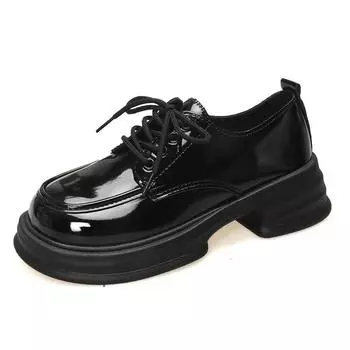 Весенне-осенняя модная женская обувь высокого качества, новые однотонные глянцевые туфли на среднем каблуке со шнуровкой и круглым носком 35