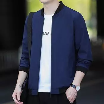 Весенне-осенняя мужская бейсбольная куртка с воротником, корейская версия, трендовая одежда, приталенная спортивная повседневная куртка M чёрный