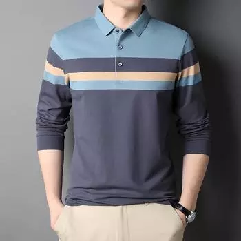 Весенне-осенняя мужская футболка-пуловер, тонкая хлопковая нижняя рубашка с длинными рукавами, рубашка-поло в полоску с лацканами, модная футболка M