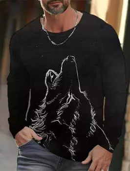 Весенне-осенняя мужская футболка с длинным рукавом и 3D-принтом с изображением волка, мужская уличная футболка с круглым вырезом и длинным рукавом S