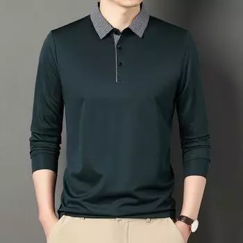 Весенне-осенняя мужская футболка с длинным рукавом, молодежная повседневная модная однотонная рубашка-поло M