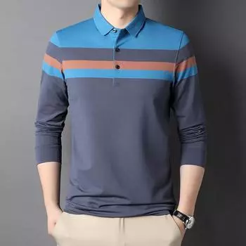 Весенне-осенняя мужская футболка с длинным рукавом, новая повседневная рубашка-поло среднего возраста с полосатыми лацканами M
