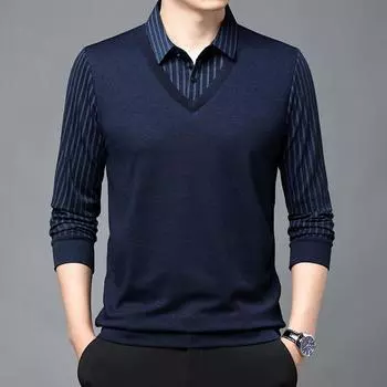 Весенне-осенняя мужская футболка с длинными рукавами, поддельная футболка из двух частей, для отдыха среднего возраста, полосатая мужская рубашка-поло для папы M