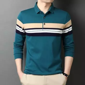 Весенне-осенняя мужская футболка с длинными рукавами среднего возраста, осенняя одежда для папы, свободная рубашка-поло в полоску с лацканами, тонкая M