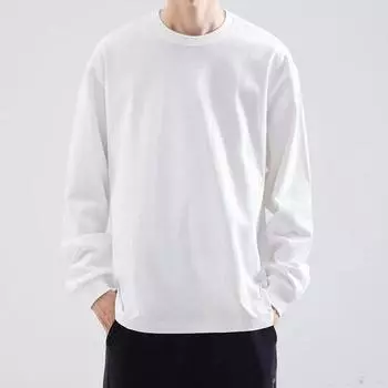 Весенне-осенняя мужская хлопковая футболка с длинным рукавом, мужская весенне-осенняя версия, трендовая 100% хлопковая нижняя часть рубашки с принтом сверху L белый