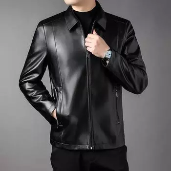 Весенне-осенняя мужская кожаная куртка, куртка среднего возраста из утолщенного бархата с лацканами из мягкой кожи 170