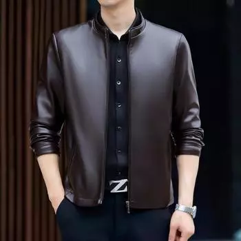 Весенне-осенняя мужская кожаная одежда, Мужская деловая рубашка среднего возраста с воротником-стойкой, плюшевое утолщенное свободное пальто для папы, кожаная куртка, мужская одежда 4XL