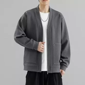 Весенне-осенняя мужская куртка большого размера, новая ретро-куртка в японском стиле с ленивым узором, однотонная, с V-образным вырезом, свободная, универсальная куртка M чёрный