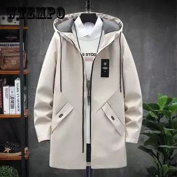 Весенне-осенняя мужская куртка, длинное пальто с капюшоном, повседневная свободная ветровка, однотонная трендовая парка для молодежи XXXXL бежевый