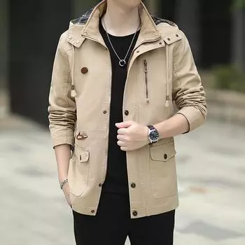 Весенне-осенняя мужская куртка из чистого хлопка, свободная повседневная, новая ветровка средней длины, рабочая куртка с несколькими карманами, большой размер M