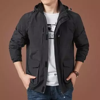 Весенне-осенняя мужская куртка, повседневный топ с несколькими карманами и капюшоном, съемная свободная однотонная ветровка большого размера M