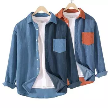 Весенне-осенняя мужская куртка, вельветовая полоска, двухцветные рубашки, однобортное однобортное пальто с карманами и лацканами, мягкое и удобное повседневное пальто S оранжевый