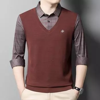 Весенне-осенняя мужская лоскутная футболка с длинными рукавами, клетчатая рубашка с воротником-стойкой, деловая повседневная нижняя рубашка M