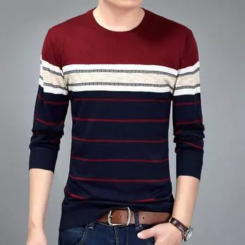 Весенне-осенняя мужская мода повседневный полосатый трикотажный свитер с длинными рукавами S синий
