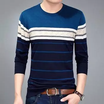 Весенне-осенняя мужская мода повседневный полосатый трикотажный свитер с длинными рукавами XXXL синий