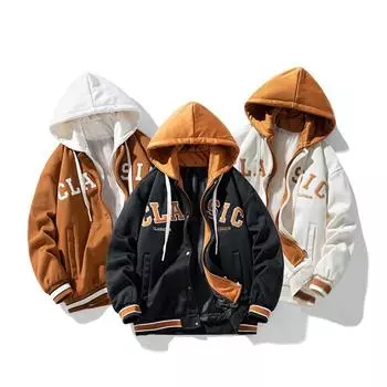 Весенне-осенняя мужская модная бейсбольная куртка на молнии с капюшоном из двух предметов с вышивкой, модное пальто для пар M