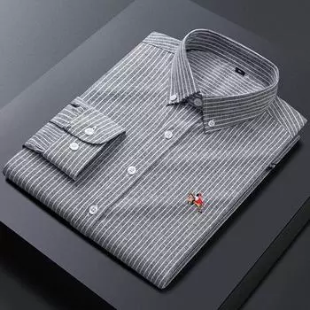Весенне-осенняя мужская модная полосатая рубашка с вышивкой, молодежная рубашка с длинным рукавом, с пуговицами на шее и длинным рукавом M серый
