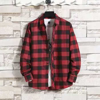 Весенне-осенняя мужская модная повседневная клетчатая рубашка с длинными рукавами XXXL чёрный