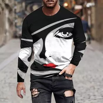 Весенне-осенняя мужская модная повседневная свободная однотонная простая абстрактная портретная футболка с длинным рукавом S