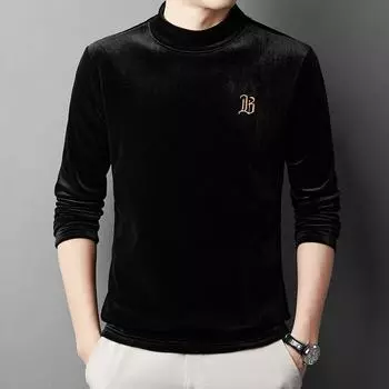 Весенне-осенняя мужская молодежная и среднего возраста с круглым вырезом, золотая бархатная вышитая модная повседневная тонкая футболка с длинными рукавами, толстовка M