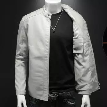 Весенне-осенняя мужская мотоциклетная кожаная куртка, повседневная однотонная куртка из искусственной кожи с воротником-стойкой, пальто из искусственной кожи на молнии M белый