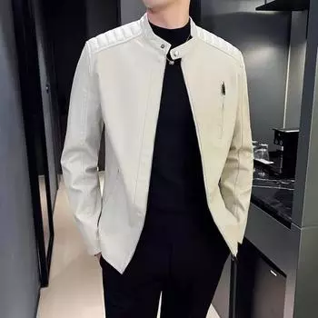 Весенне-осенняя мужская мотоциклетная кожаная куртка, повседневная однотонная белая, черная кожаная куртка с воротником-стойкой, пальто из искусственной кожи на молнии XXXXXL белый