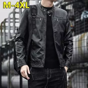 Весенне-осенняя мужская мотоциклетная кожаная куртка с воротником на пуговицах, облегающая модная молодежная повседневная куртка из искусственной кожи в Корейском стиле M чёрный