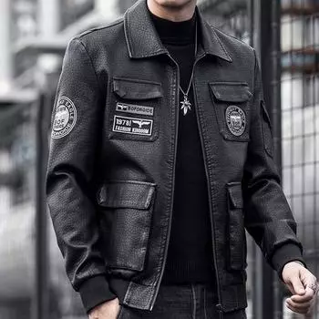 Весенне-осенняя мужская мотоциклетная кожаная куртка с вышивкой, гоночное пальто, ветровка, верхняя одежда, байкерская спортивная куртка из искусственной кожи M чёрный