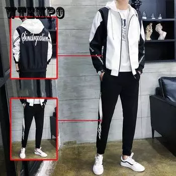 Весенне-осенняя мужская одежда, комплект из 2 предметов, трендовый комплект с длинными рукавами, толстовка с капюшоном большого размера XXXL