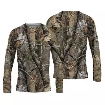 Весенне-осенняя мужская охотничья дышащая футболка с длинным рукавом для занятий спортом на открытом воздухе с круглым вырезом, топы с лесным камуфляжным принтом, футболки 6XL S