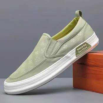 Весенне-осенняя мужская парусиновая повседневная обувь, модные трендовые дышащие туфли на плоской подошве с принтом, тканевые лоферы без шнуровки 38 чёрный