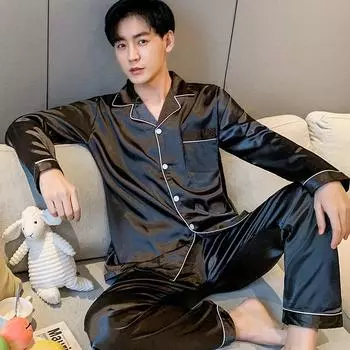 Весенне-осенняя мужская пижама с длинными рукавами из тонкого ледяного шелка, летний костюм из искусственного шелка для домашнего использования XXXL чёрный