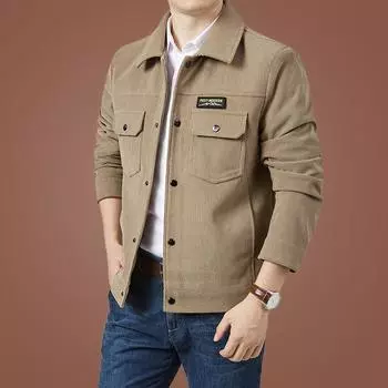 Весенне-осенняя мужская повседневная куртка с длинным рукавом, вельветовая куртка с карманами и лацканами в стиле ретро M хаки