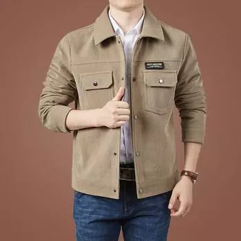 Весенне-осенняя мужская повседневная куртка с длинным рукавом, вельветовая куртка с карманами и лацканами в стиле ретро M чёрный