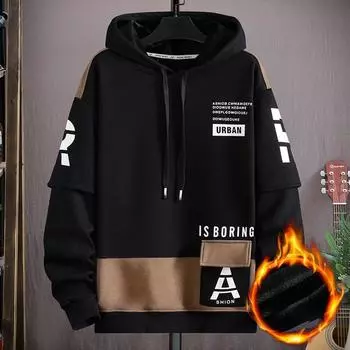 Весенне-осенняя мужская повседневная модная толстовка с капюшоном из бархата с принтом XXXL чёрный