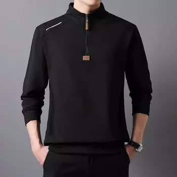 Весенне-осенняя мужская повседневная однотонная рубашка с круглым вырезом и воротником-стойкой с длинными рукавами XXXXL чёрный