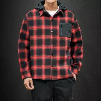 Весенне-осенняя мужская повседневная рубашка в клетку с капюшоном большого размера XXXXXL чёрный
