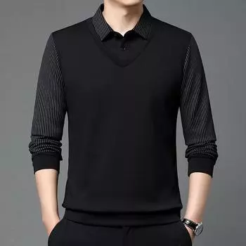 Весенне-осенняя мужская рубашка из двух частей с длинным рукавом, воротником-стойкой, полосатыми рукавами и рисунком ананаса, деловая мужская футболка для мужчин среднего возраста M