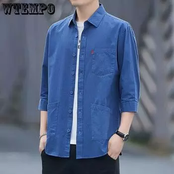 Весенне-осенняя мужская рубашка, однотонная рубашка с длинным рукавом, однотонная рубашка поло с воротником-поло, деловой повседневный топ M