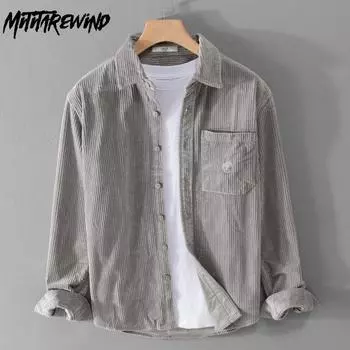 Весенне-осенняя мужская рубашка с длинным рукавом, простой стиль, вельветовая рубашка, однотонная рубашка с отложным воротником и карманом, повседневная повседневная мужская одежда M серый