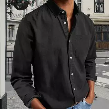 Весенне-осенняя мужская рубашка с нагрудным карманом, отложным воротником, застегивающимся на пуговицы топом, длинным рукавом, однотонный свободный кардиган, повседневная рубашка XXL небесно-голубой